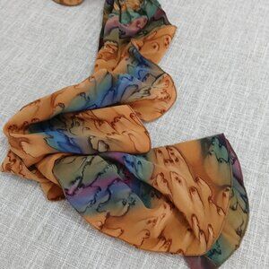 Kriska Swirl Scarf Hand Painted 100% Silk Terracotta and Cobalt Blue